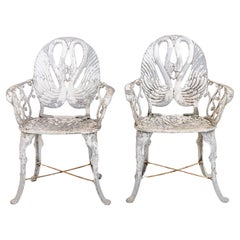 Pair White Painted Swan Back Aluminum Garden Armchairs, Sweden 1960s