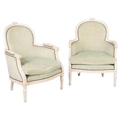 Vintage Pair, White Painted Swedish Arm Chairs with Green Velvet Upholstery circa 1940