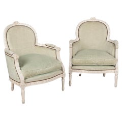 Vintage Pair, White Painted Swedish Arm Chairs with Green Velvet Upholstery circa 1940
