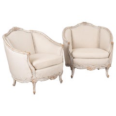 Pair, White Painted Swedish Gustavian Linen Arm Chairs circa 1900-20
