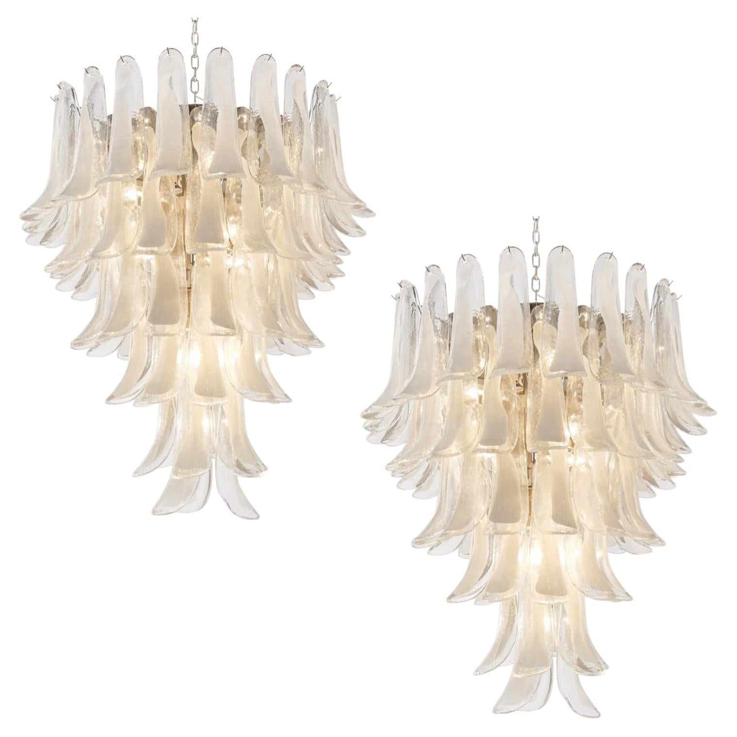 Pair White Petal Chandeliers, Murano For Sale