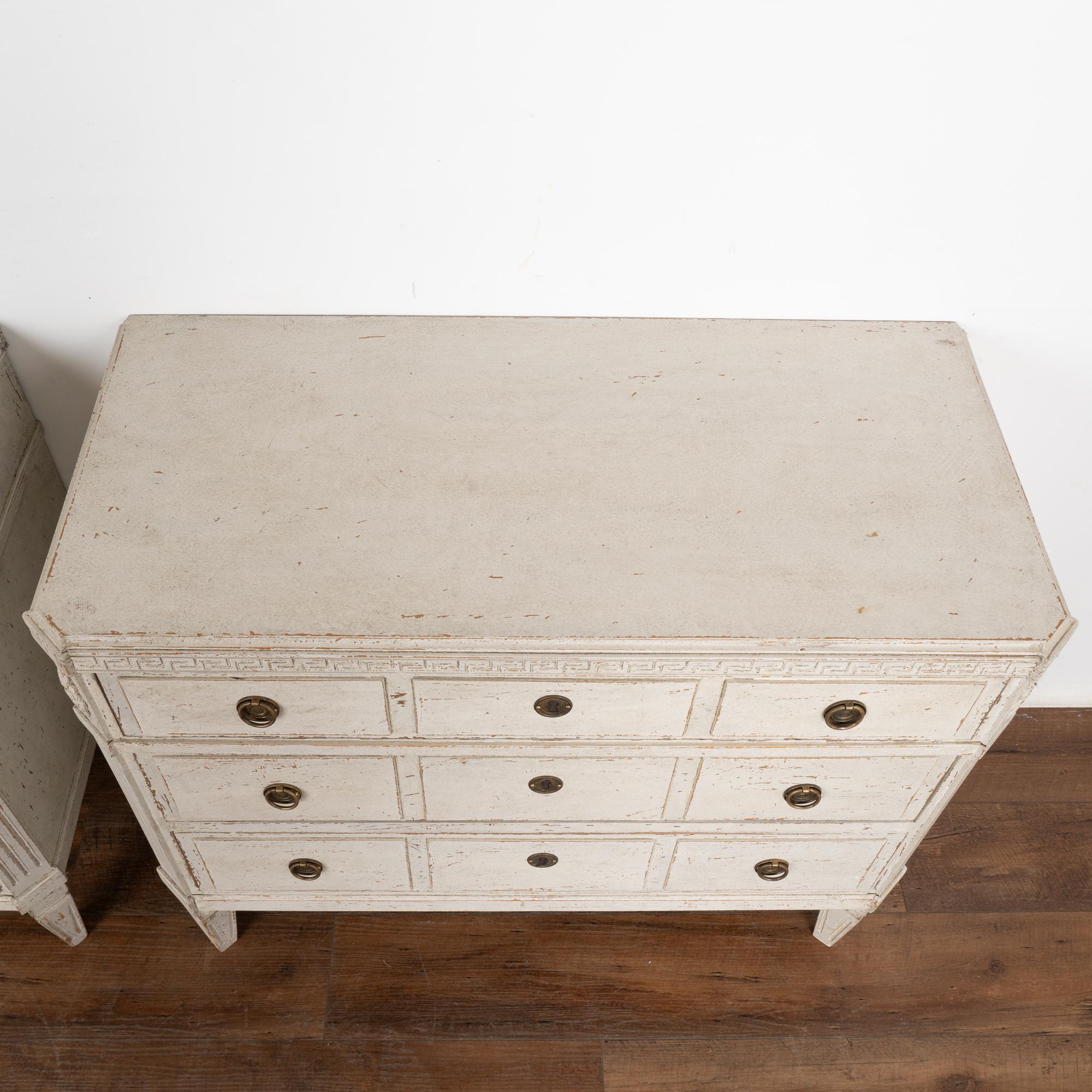 19th Century Pair White Pine Chest of Three Drawers With Greek Key Motif Sweden circa 1860-80