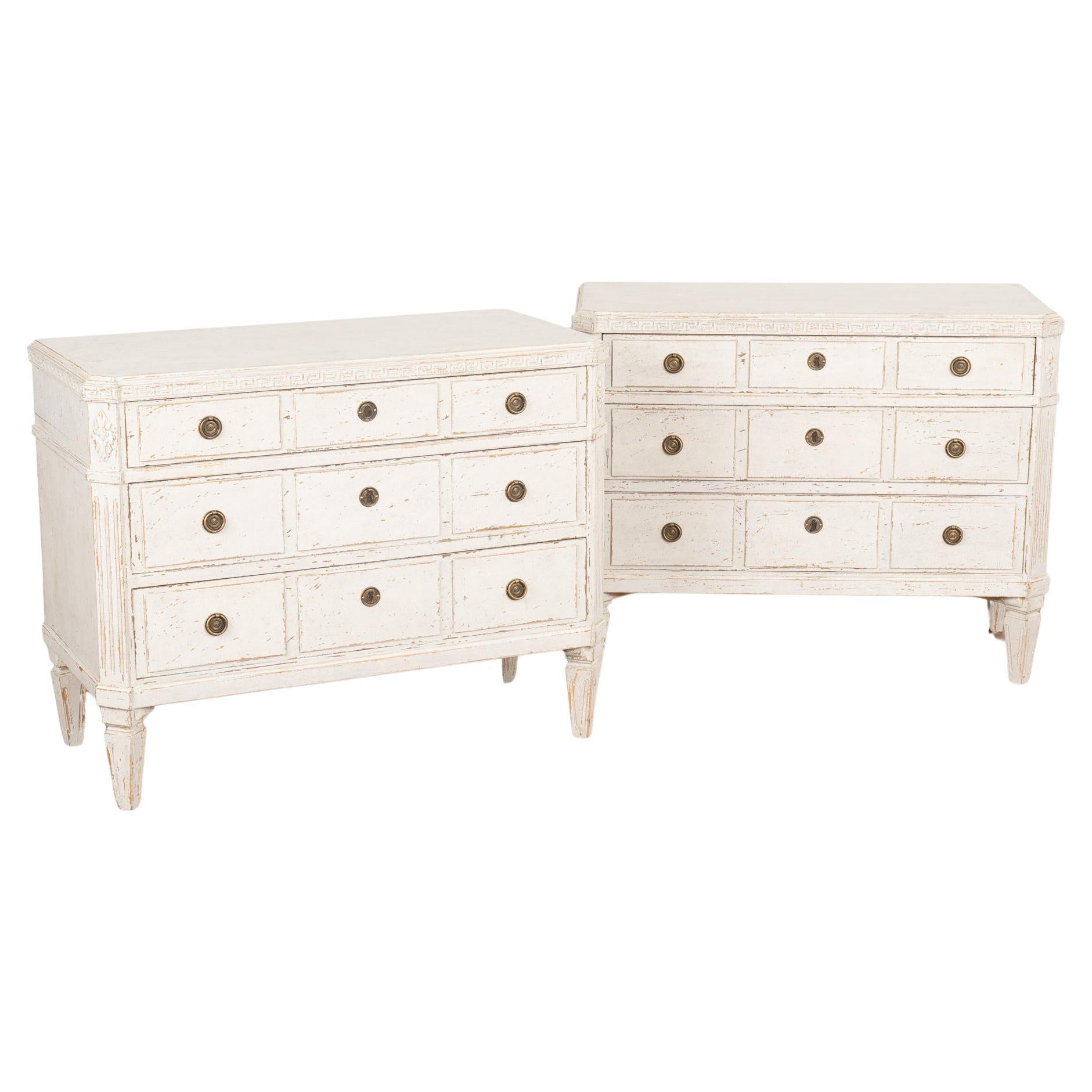Pair White Pine Chest of Three Drawers With Greek Key Motif Sweden circa 1860-80