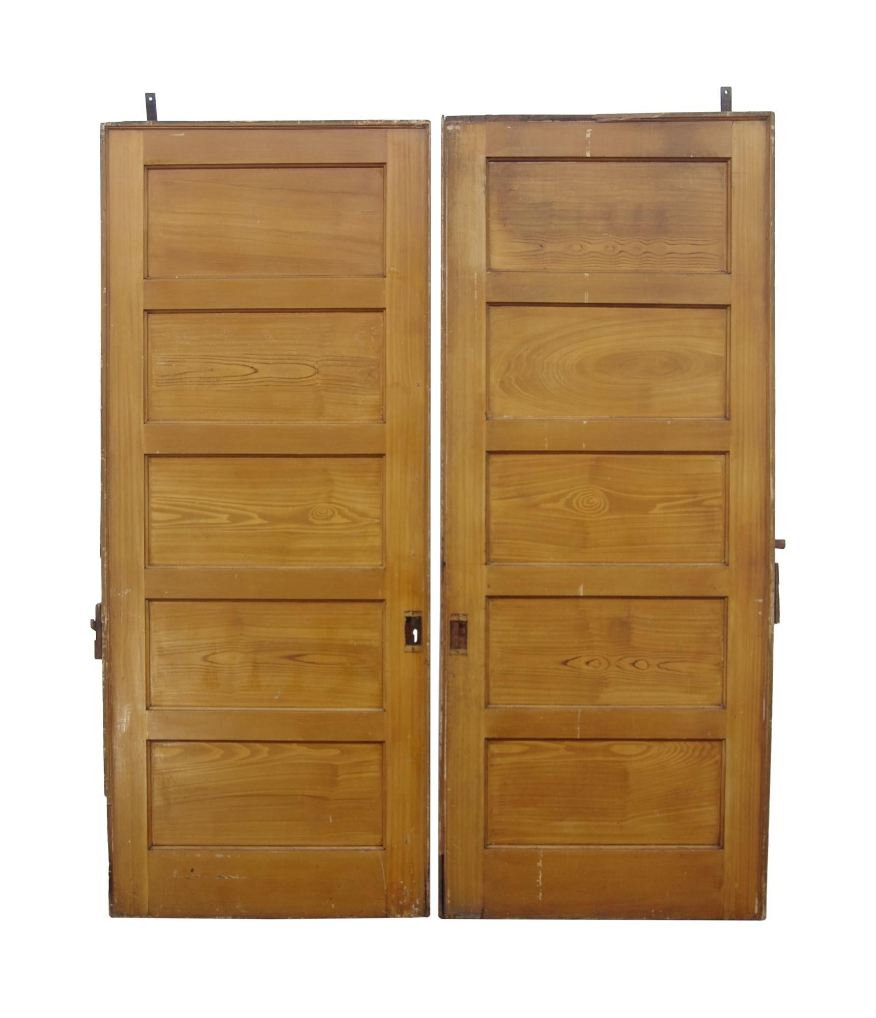 Pair White Pine Pocket Doors w/ 5 Horizontal Panels 1
