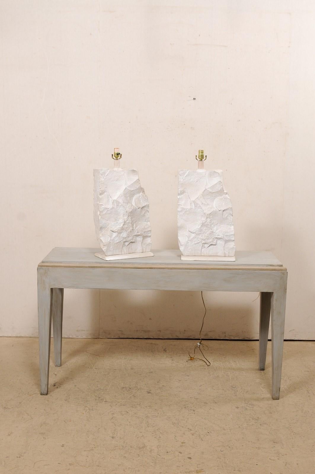 American Pair White Plaster Table Lamps, Modern Quarry-Rock Design, Attributed to Sirmos