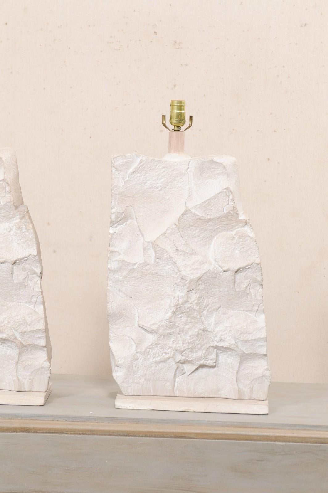 Pair White Plaster Table Lamps, Modern Quarry-Rock Design, Attributed to Sirmos In Good Condition In Atlanta, GA