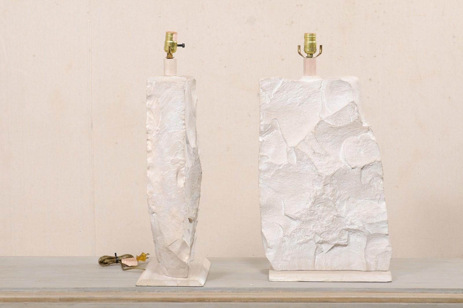 20th Century Pair White Plaster Table Lamps, Modern Quarry-Rock Design, Attributed to Sirmos