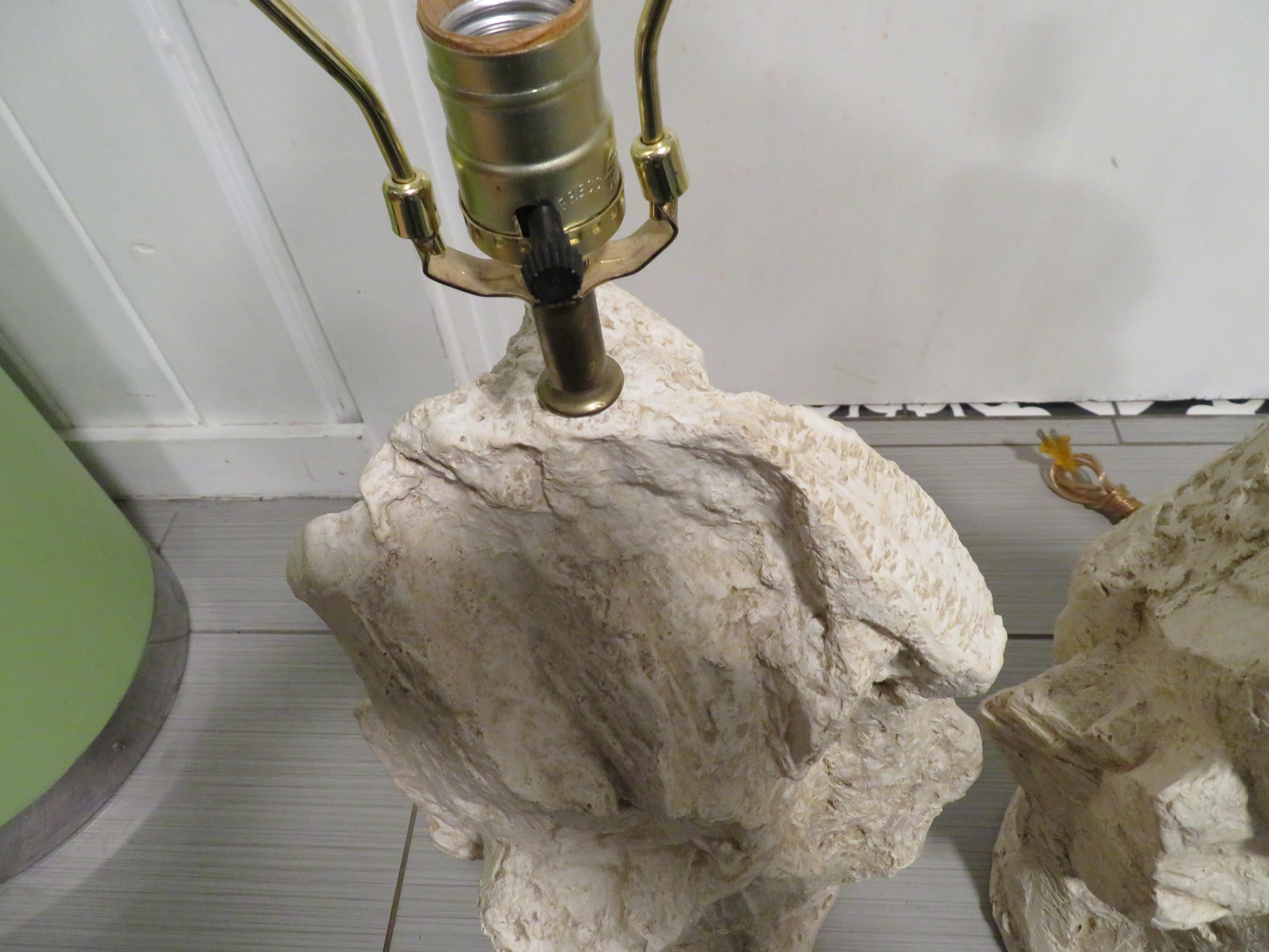 Late 20th Century Pair White Plaster Table Lamps, Modern Quarry-Rock Design, Attributed to Sirmos For Sale