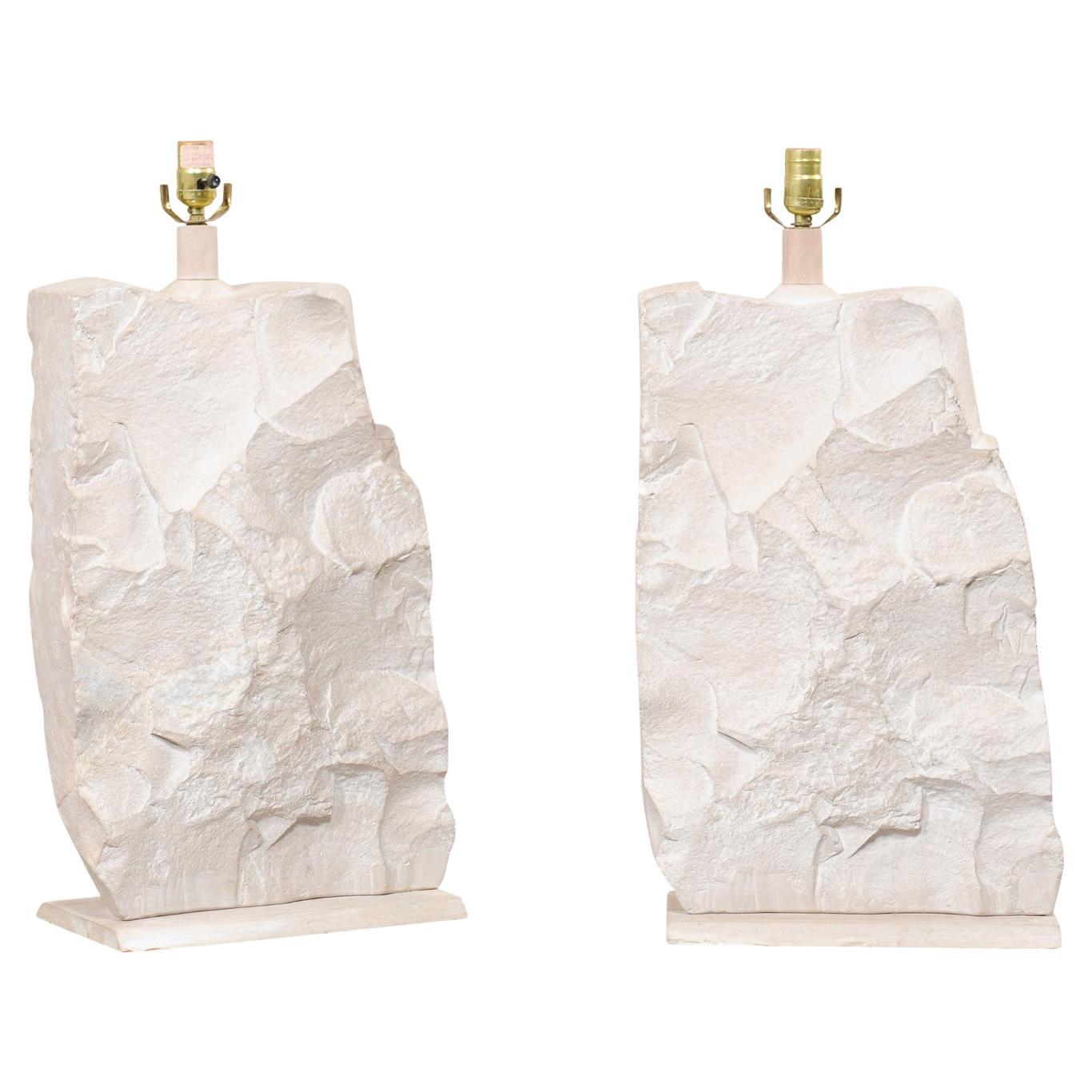 Pair White Plaster Table Lamps, Modern Quarry-Rock Design, Attributed to Sirmos