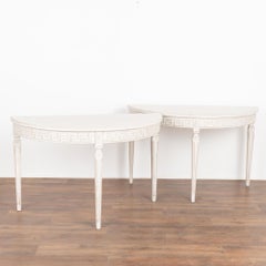 Pair White Sweden Demi Lune Side Tables Consoles with Greek Key Motif circa 1880