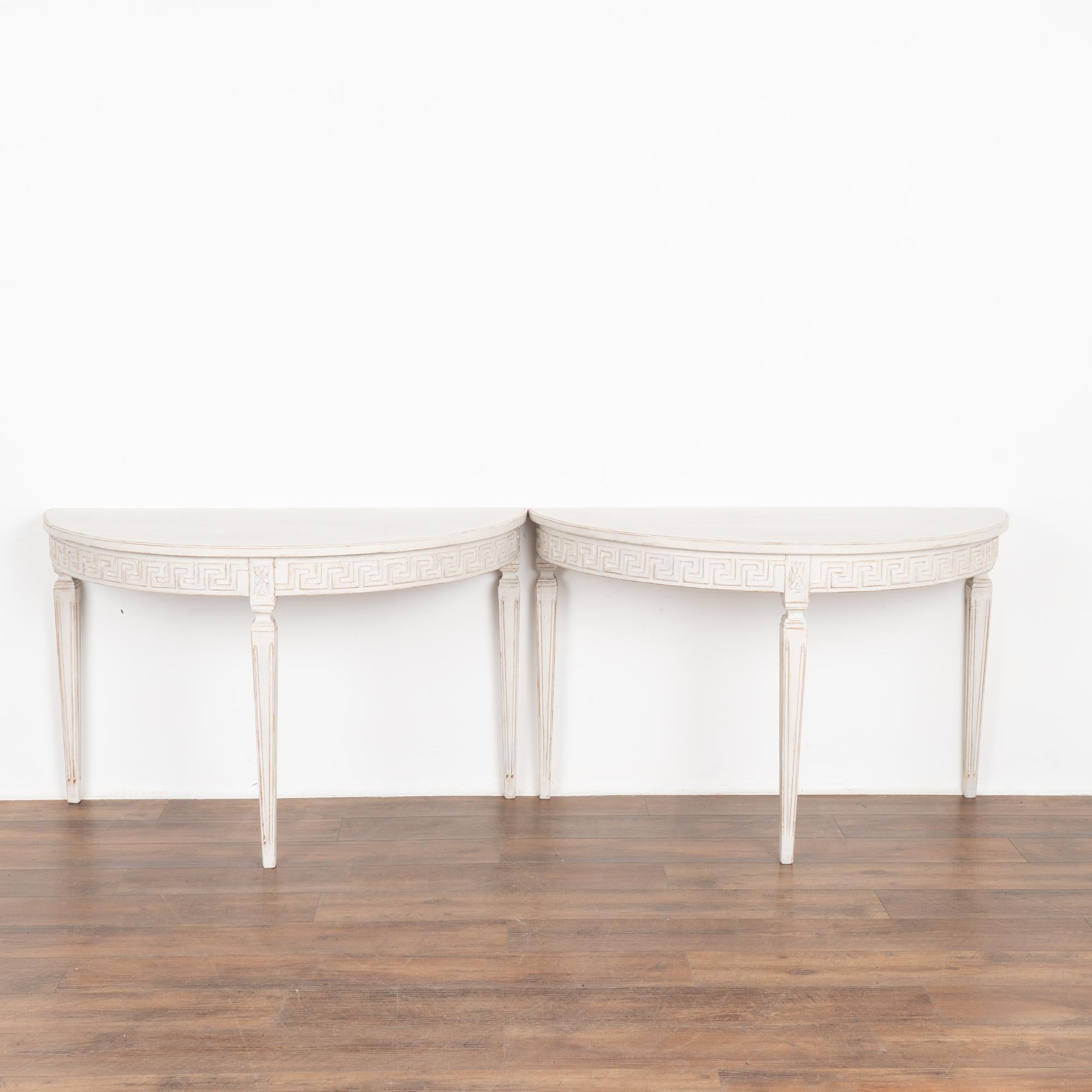 Gustavian Pair White Sweden Demi Lune Side Tables Consoles with Greek Key Motif circa 1880