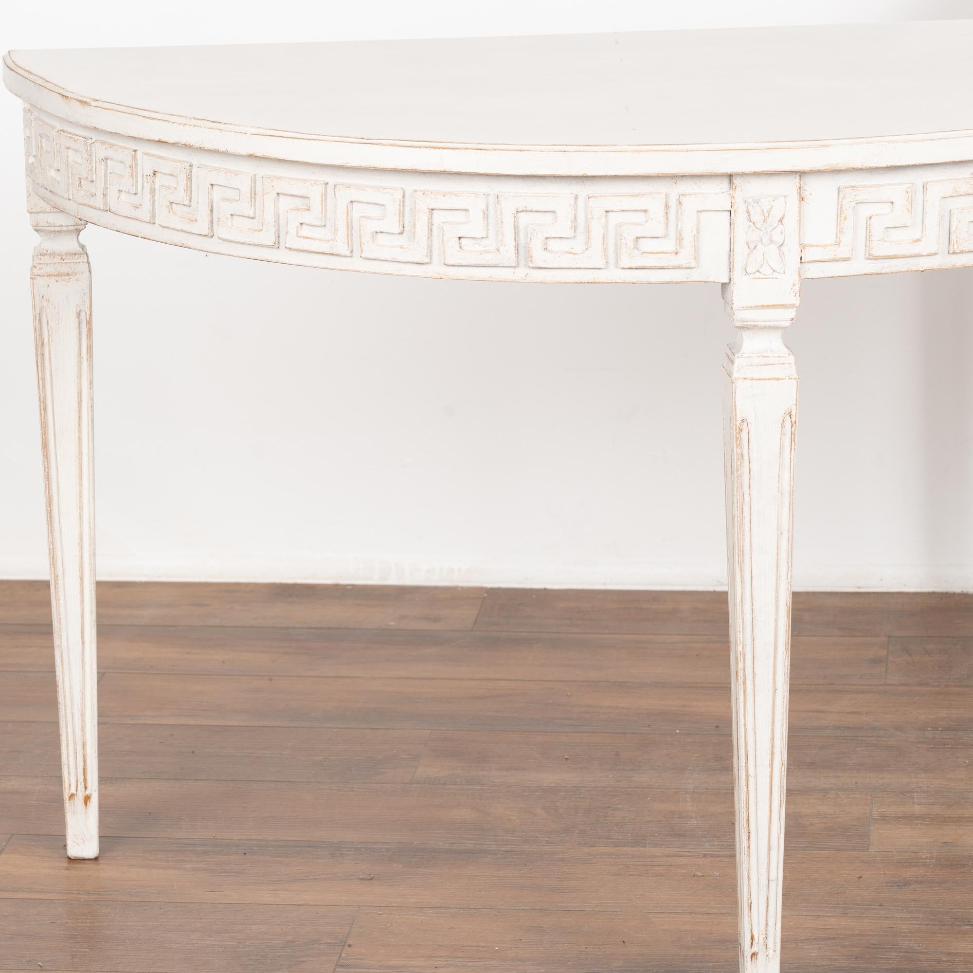 19th Century Pair White Sweden Demi Lune Side Tables Consoles with Greek Key Motif circa 1880