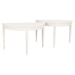 Pair White Sweden Demi Lune Side Tables Consoles with Greek Key Motif circa 1880