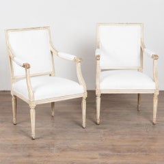 Pair, White Swedish Gustavian Armchairs, 19th Century