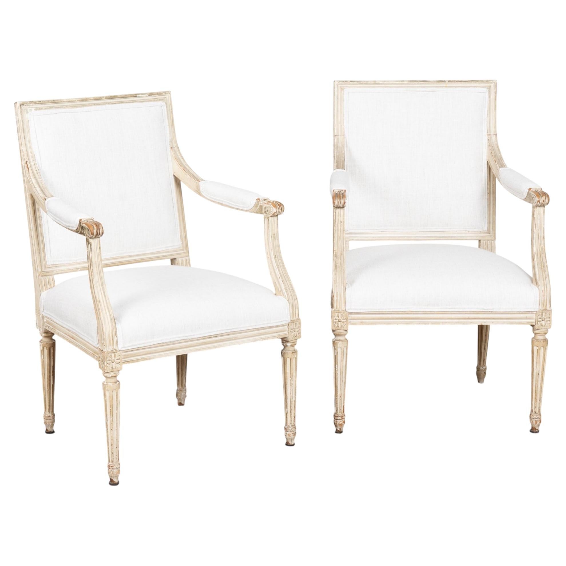 Pair, White Swedish Gustavian Armchairs, 19th Century