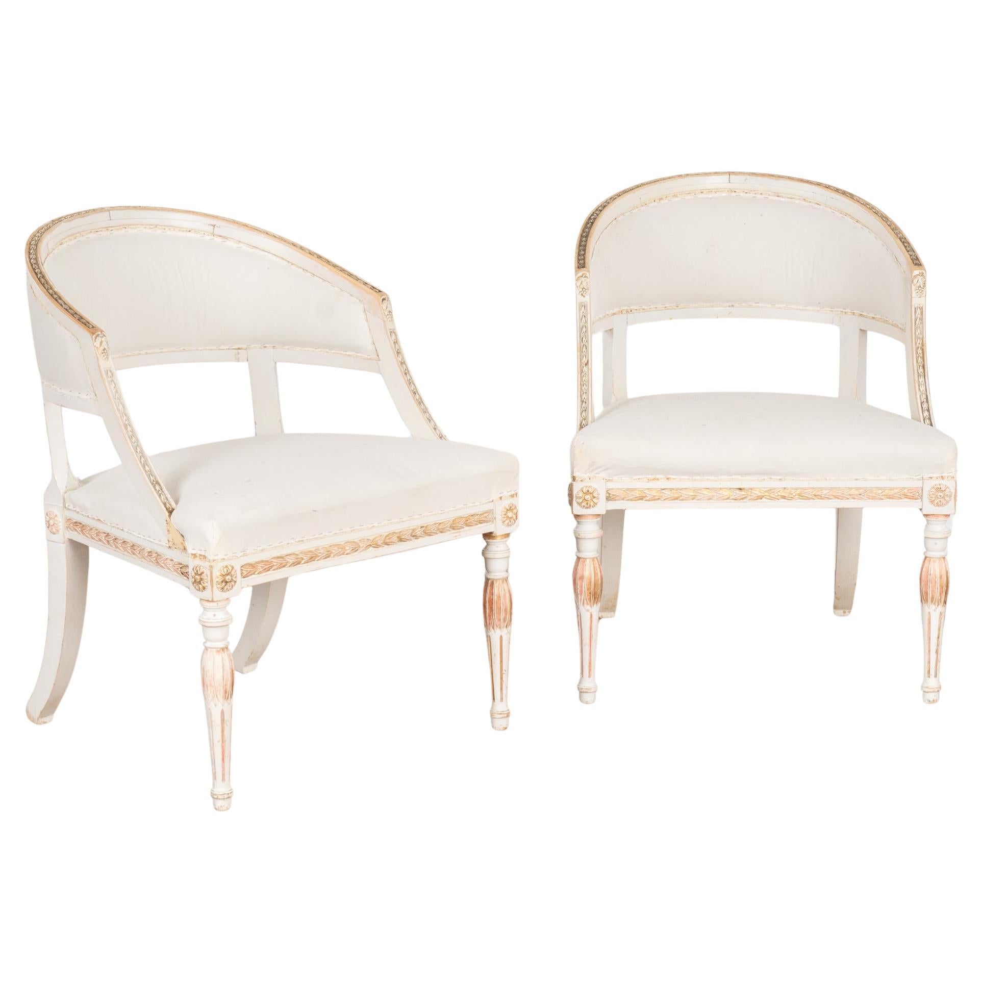 Pair, White Swedish Gustavian Armchairs, circa 1840-60