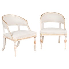 Pair, White Swedish Gustavian Armchairs, circa 1840-60
