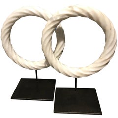 Pair of White Twisted Marble Ring Sculptures on Stands, China, Contemporary