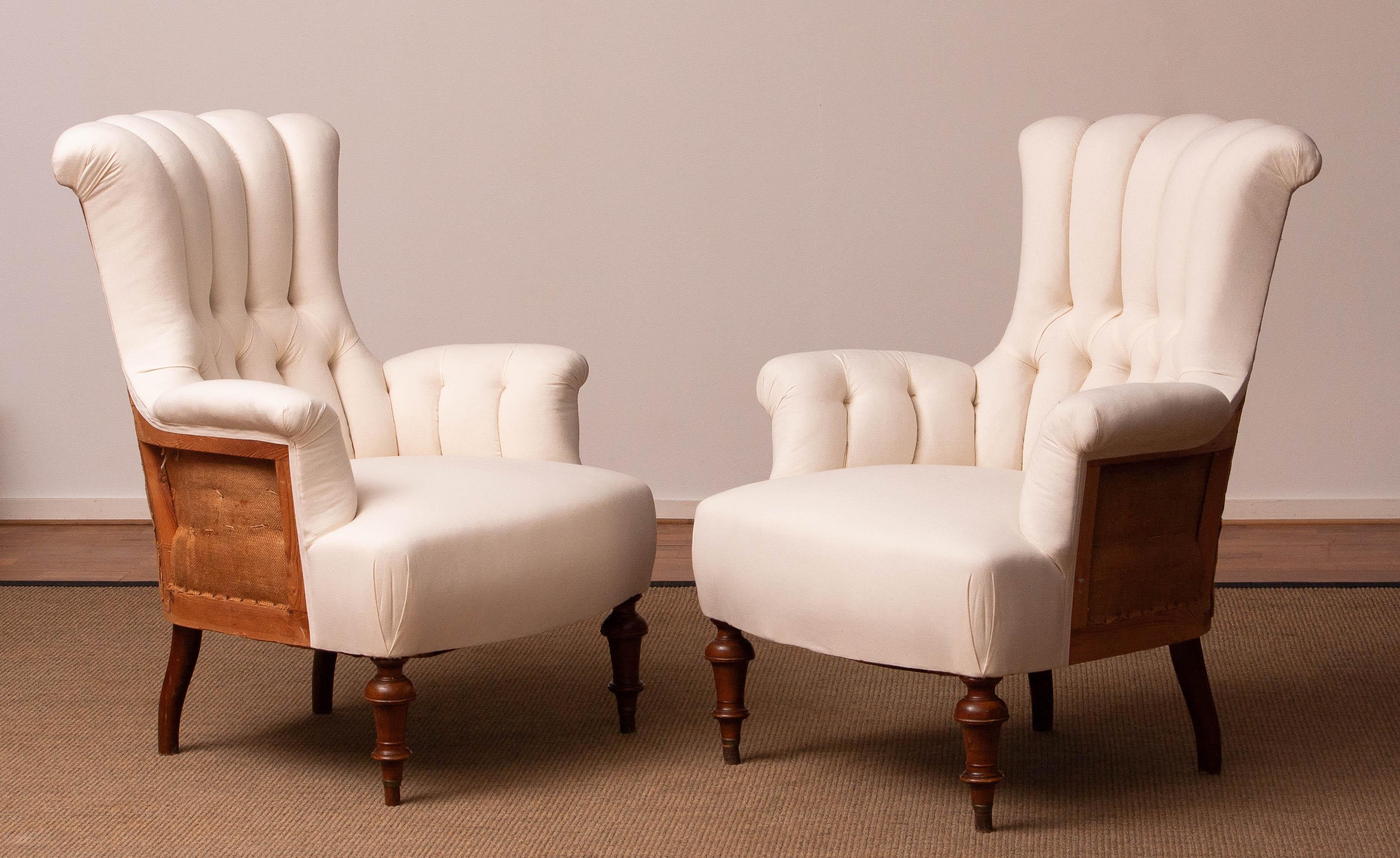 Pair White Victorian Deconstructed Style Tufted Scroll-back Chairs For Sale 5