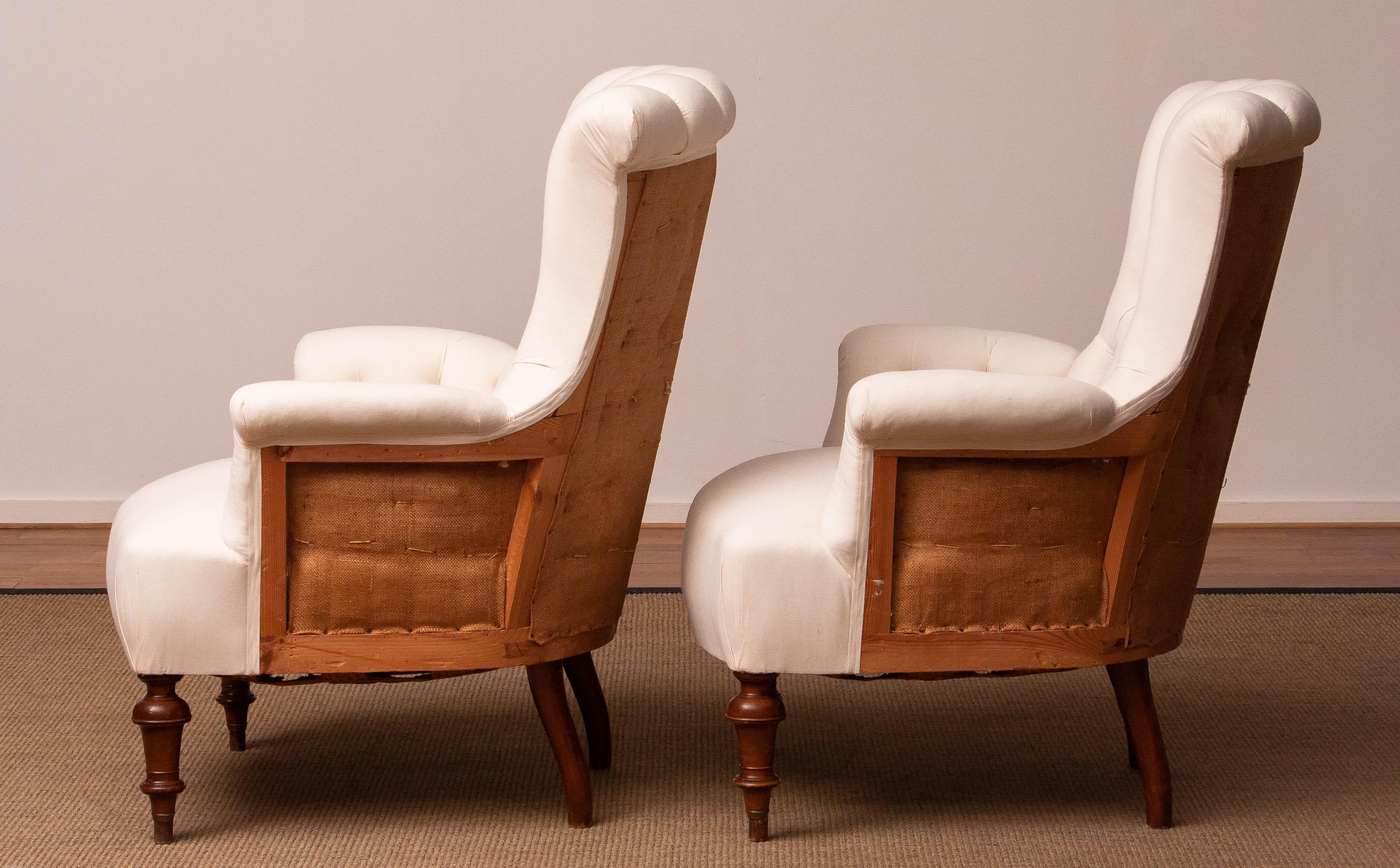 Swedish Pair White Victorian Deconstructed Style Tufted Scroll-back Chairs For Sale