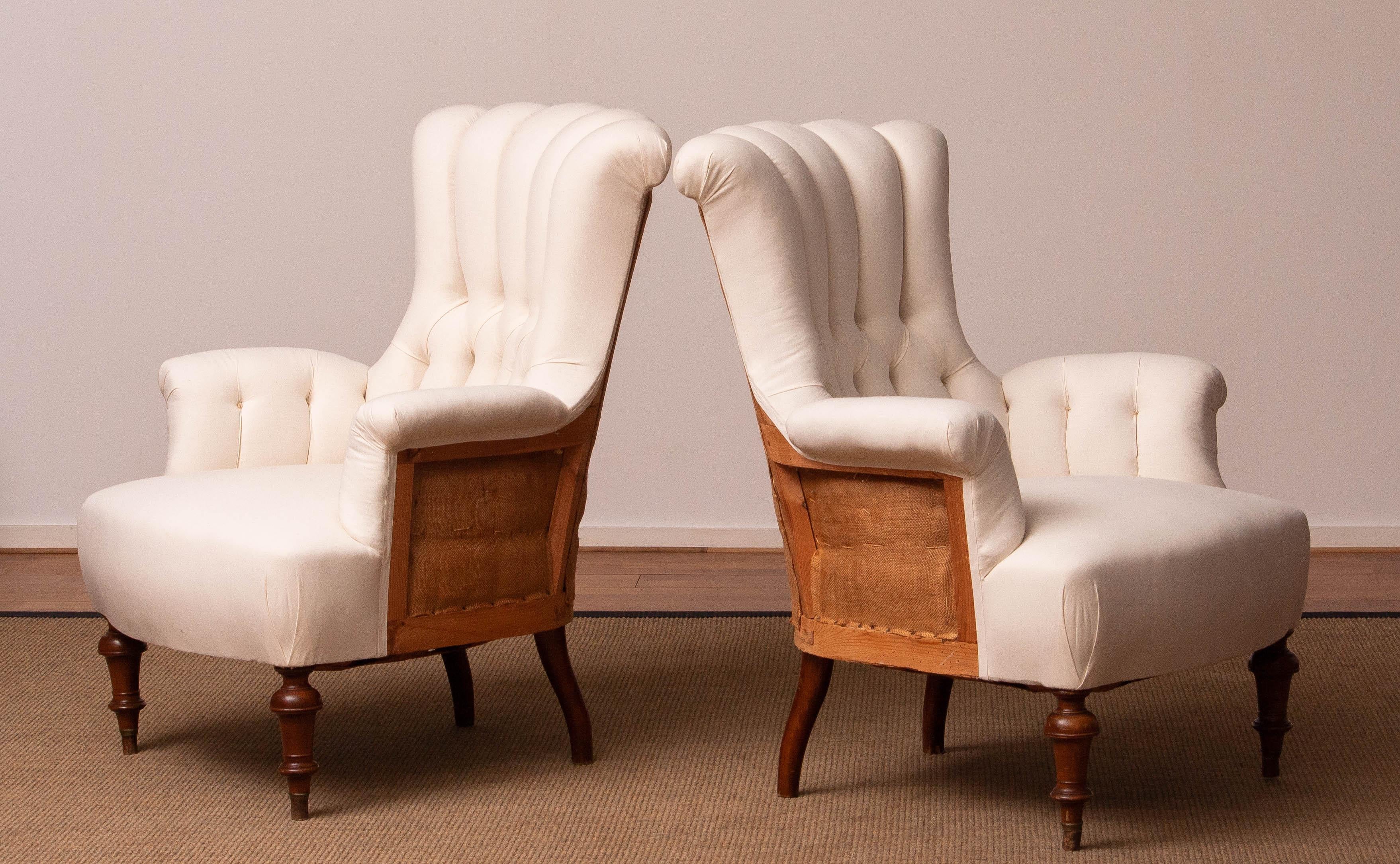 19th Century Pair White Victorian Deconstructed Style Tufted Scroll-back Chairs For Sale