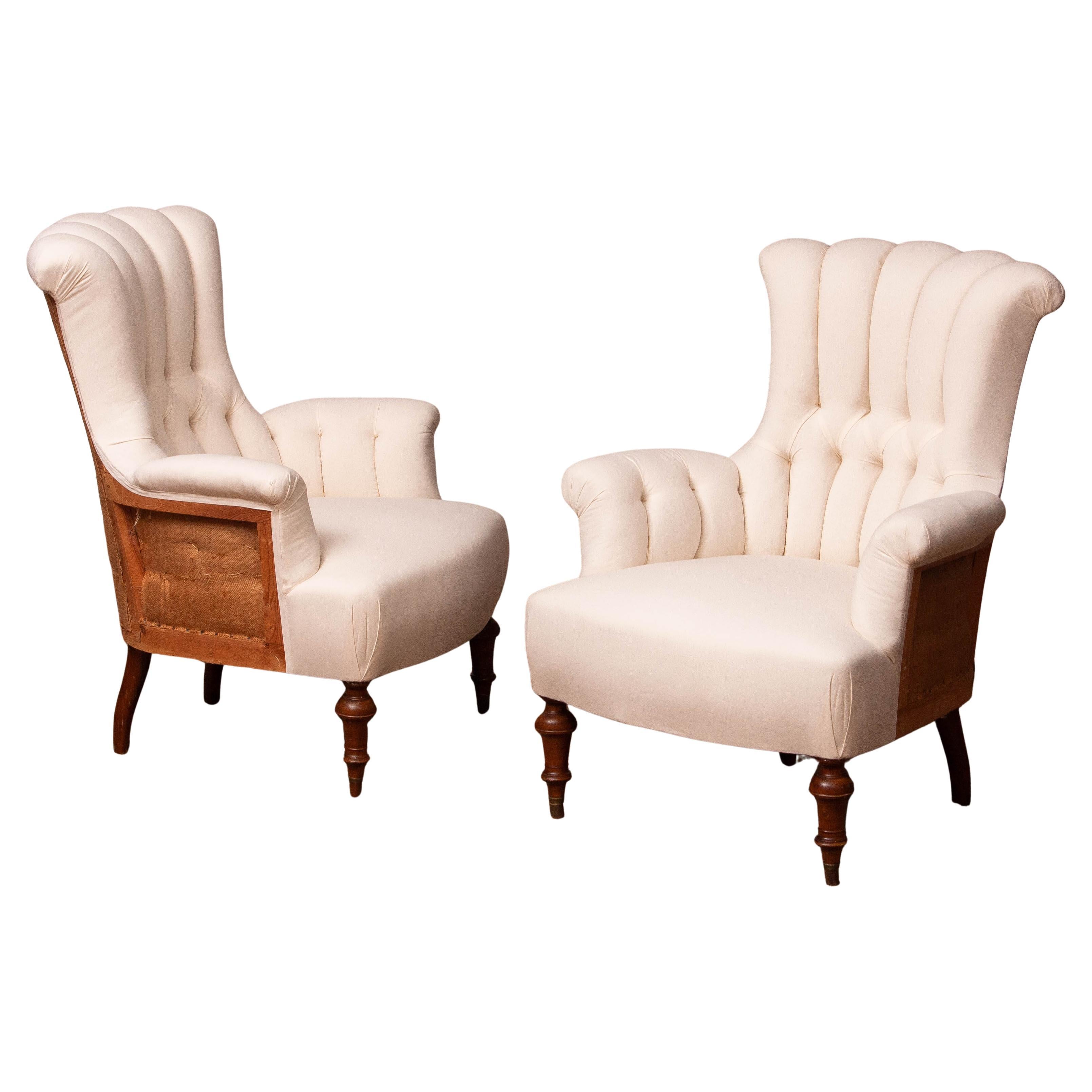 Pair White Victorian Deconstructed Style Tufted Scroll-back Chairs For Sale