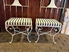 Pair White Wrought Iron Benches Black and White Upholstered Seats