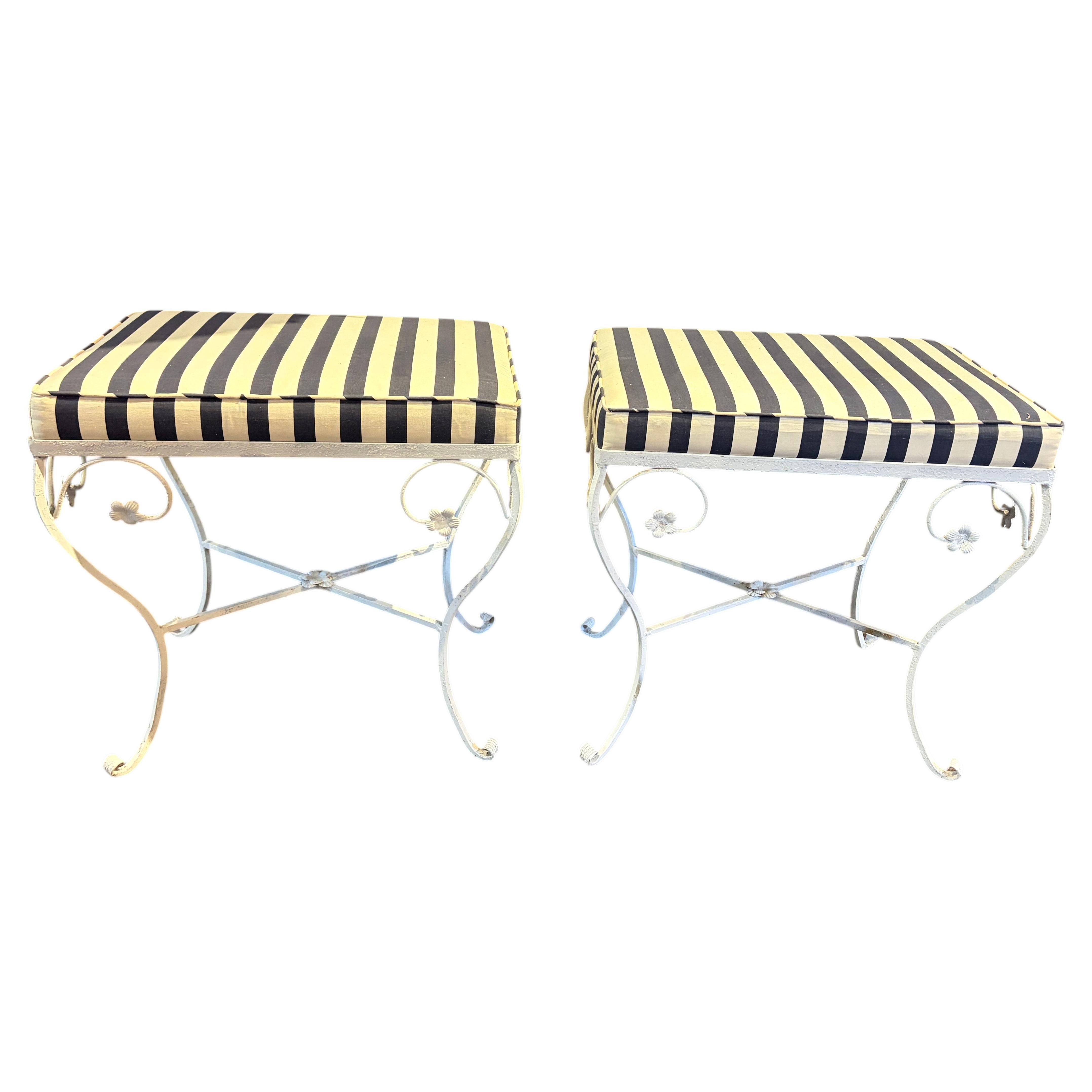 Pair White Wrought Iron Benches Black and White Upholstered Seats For Sale