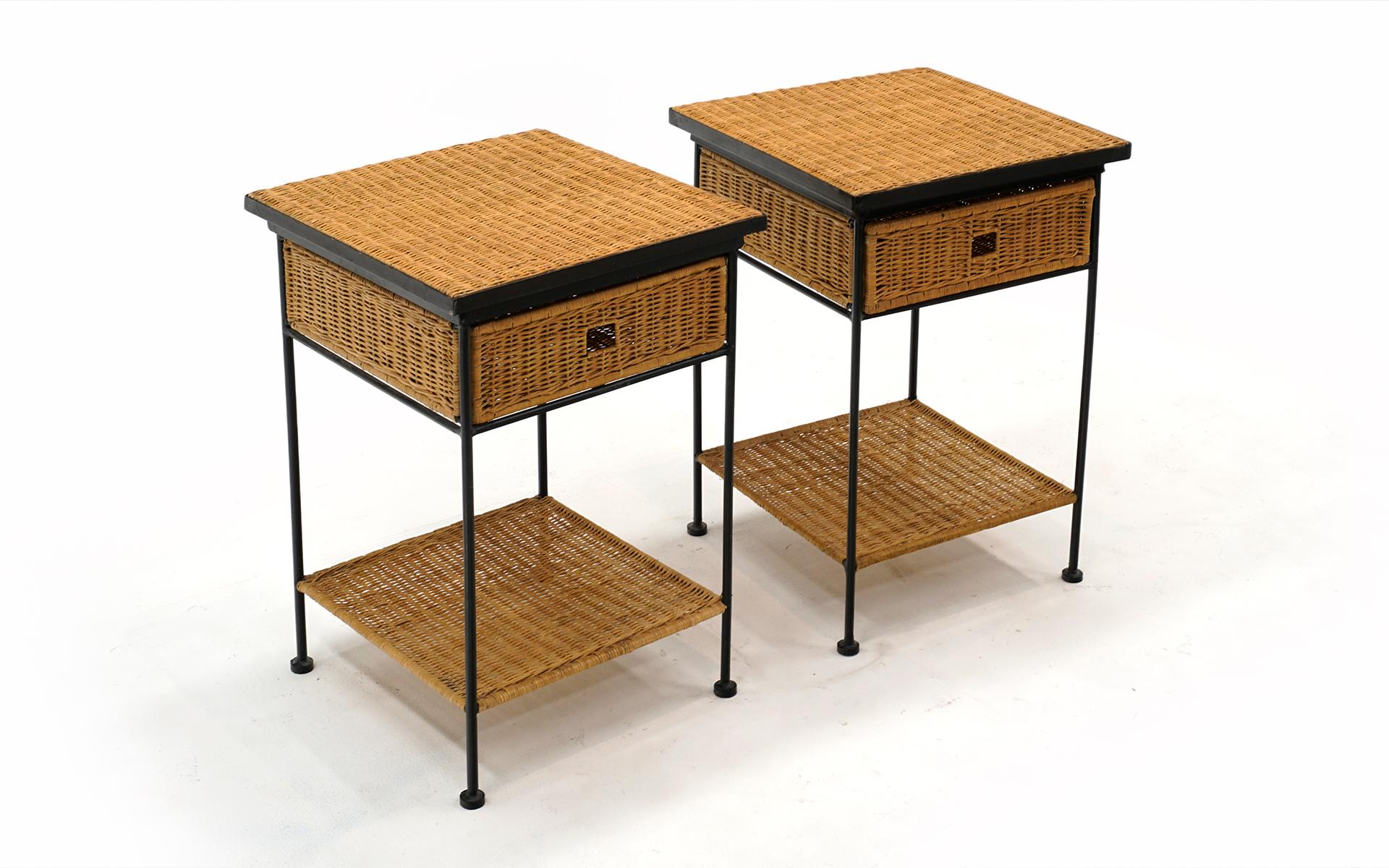 Mid-Century Modern Pair Wicker and Iron Nightstands in Style of Paul McCobb or Arthur Umanoff