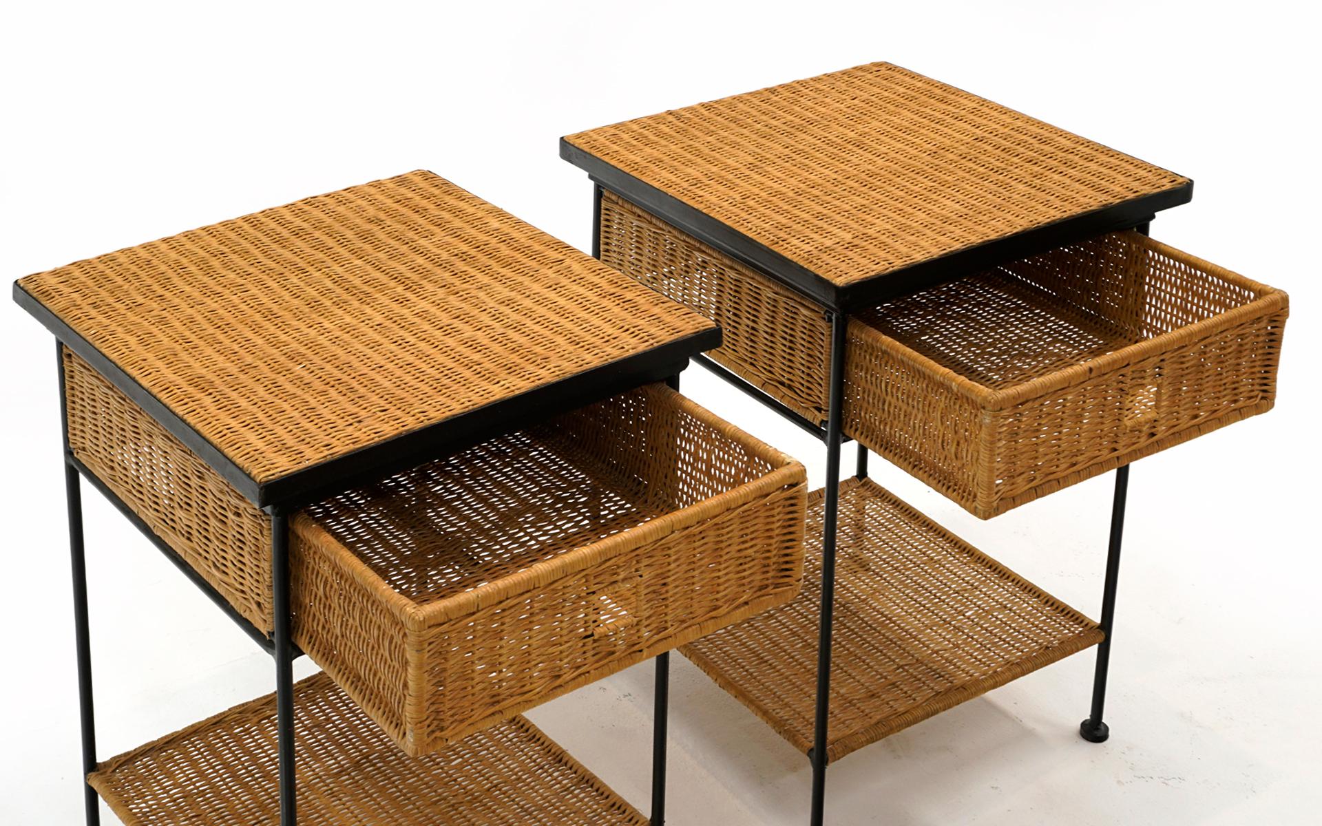 Woven Pair Wicker and Iron Nightstands in Style of Paul McCobb or Arthur Umanoff