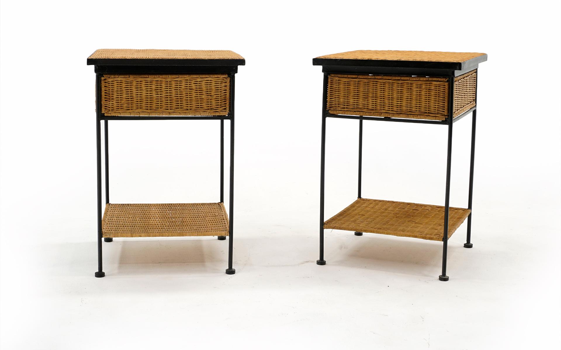 Pair Wicker and Iron Nightstands in Style of Paul McCobb or Arthur Umanoff 2