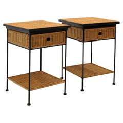Pair Wicker and Iron Nightstands in Style of Paul McCobb or Arthur Umanoff
