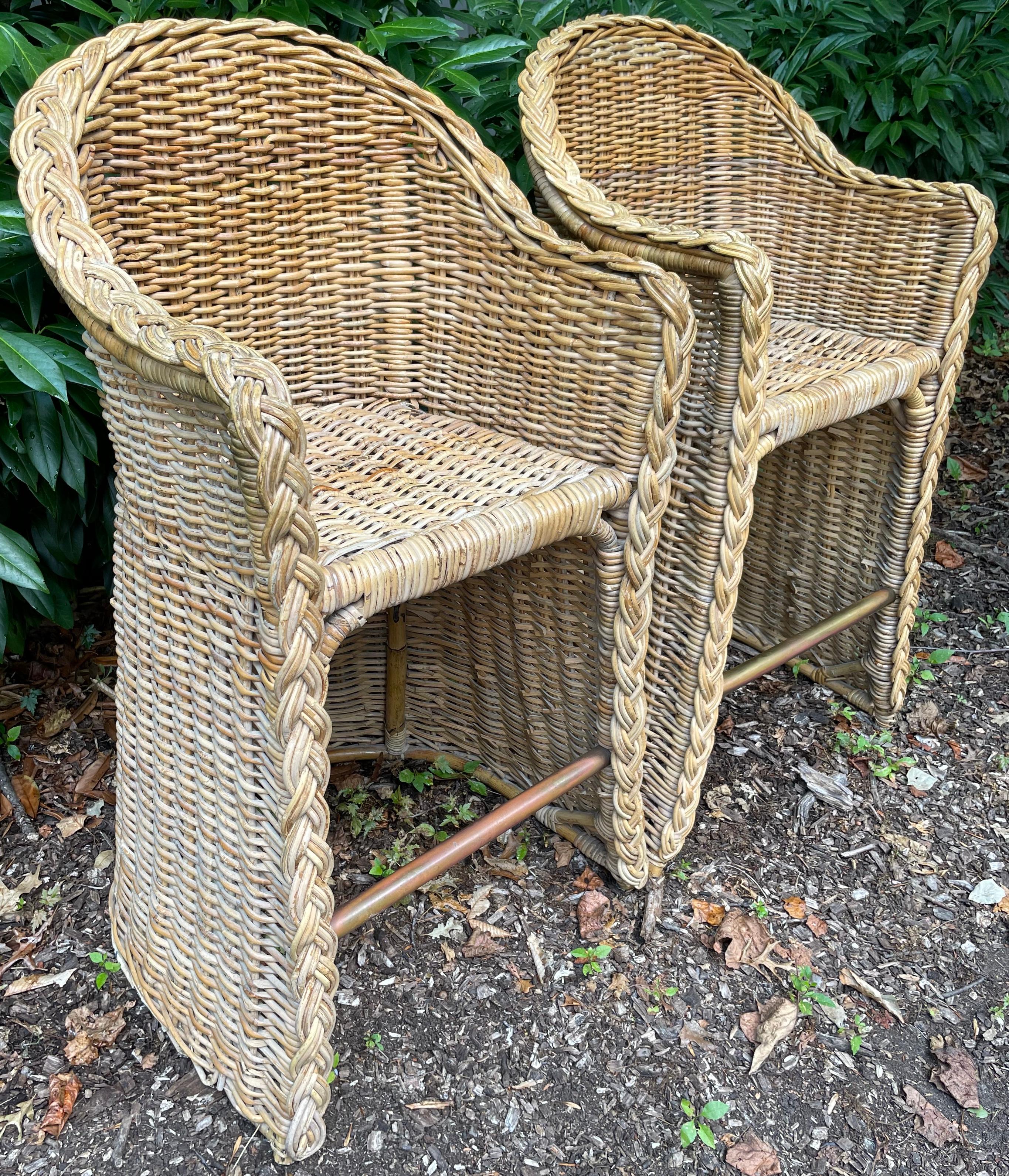 Mid-Century Modern Pair Wicker Bar Stools For Sale