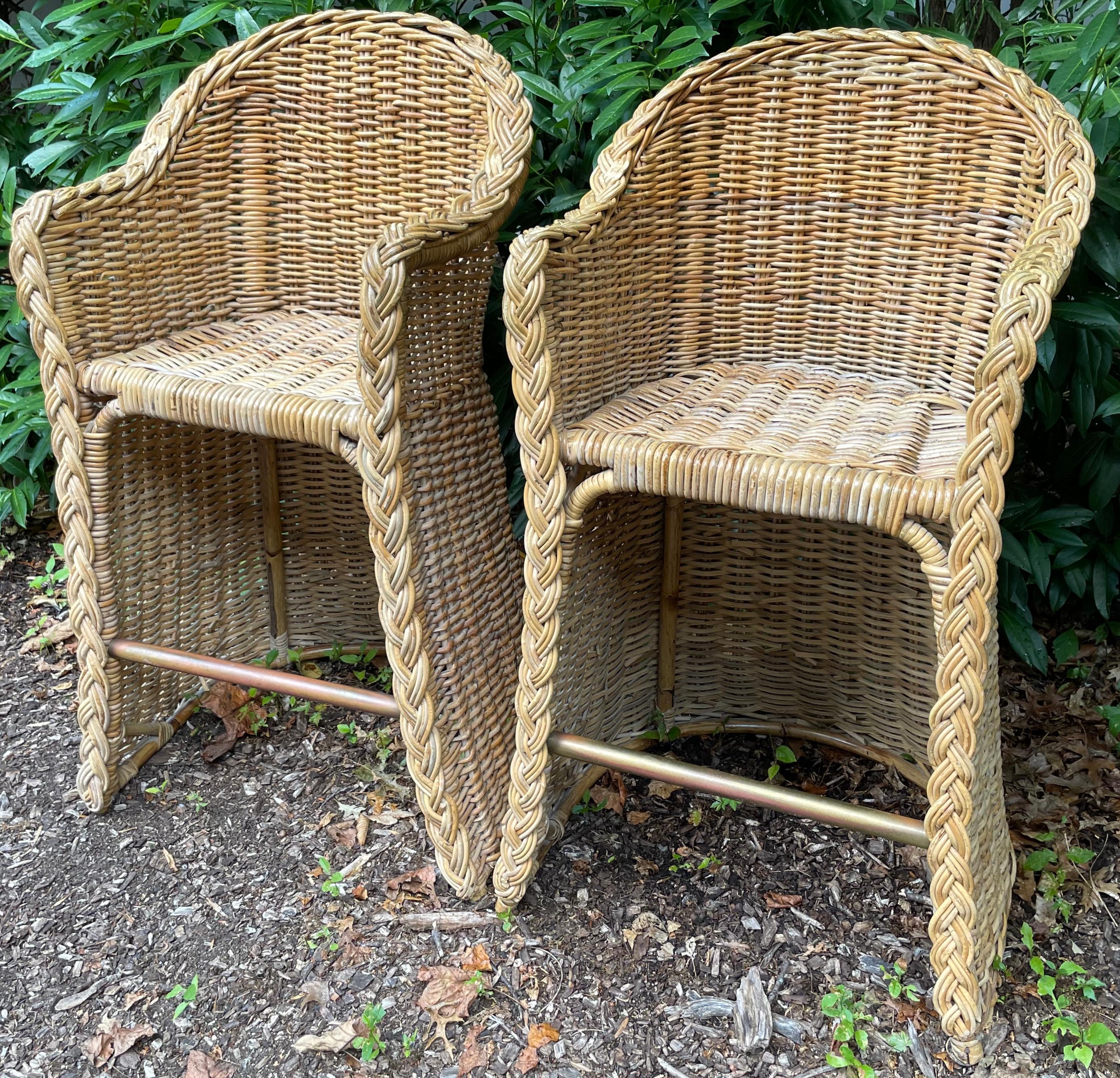 Hand-Woven Pair Wicker Bar Stools For Sale