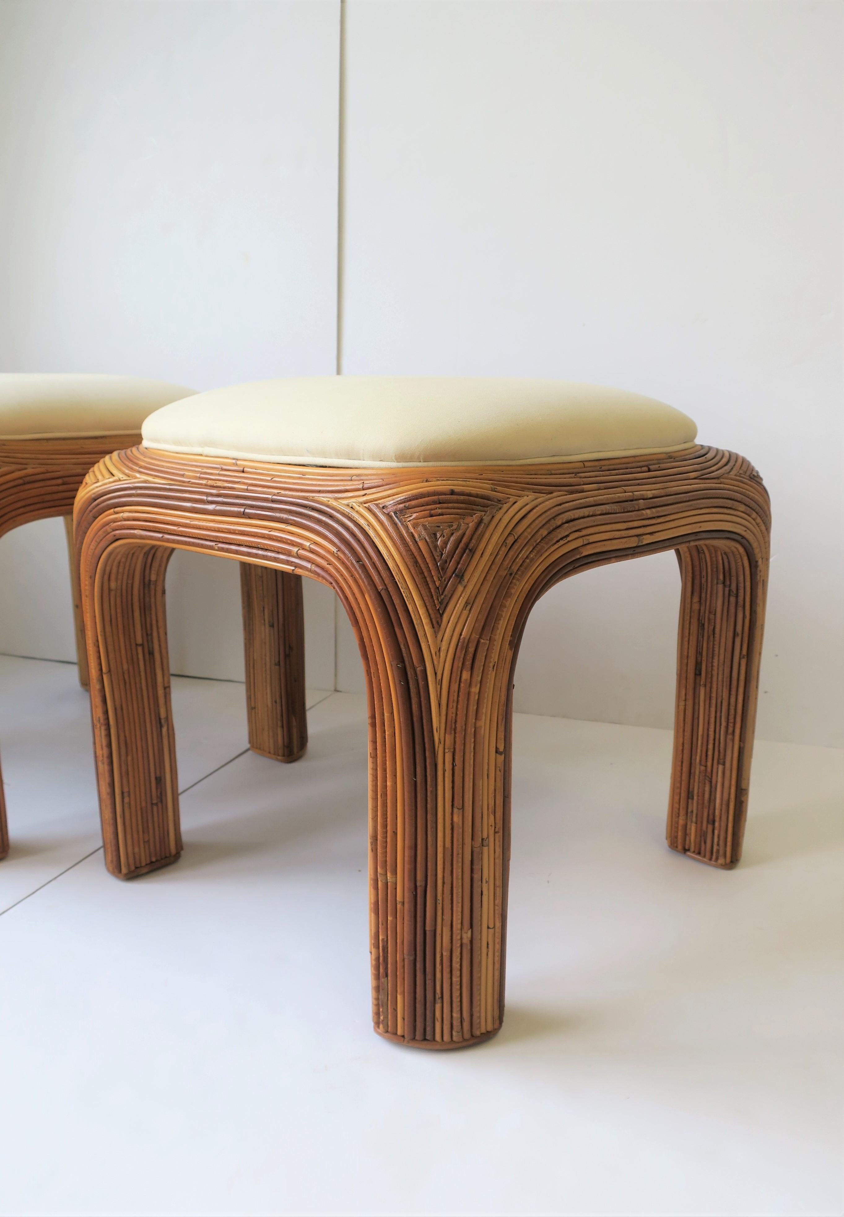 Upholstery Pair of Wicker Pencil Reed Upholstered Stools or Benches after Gabriella Crespi