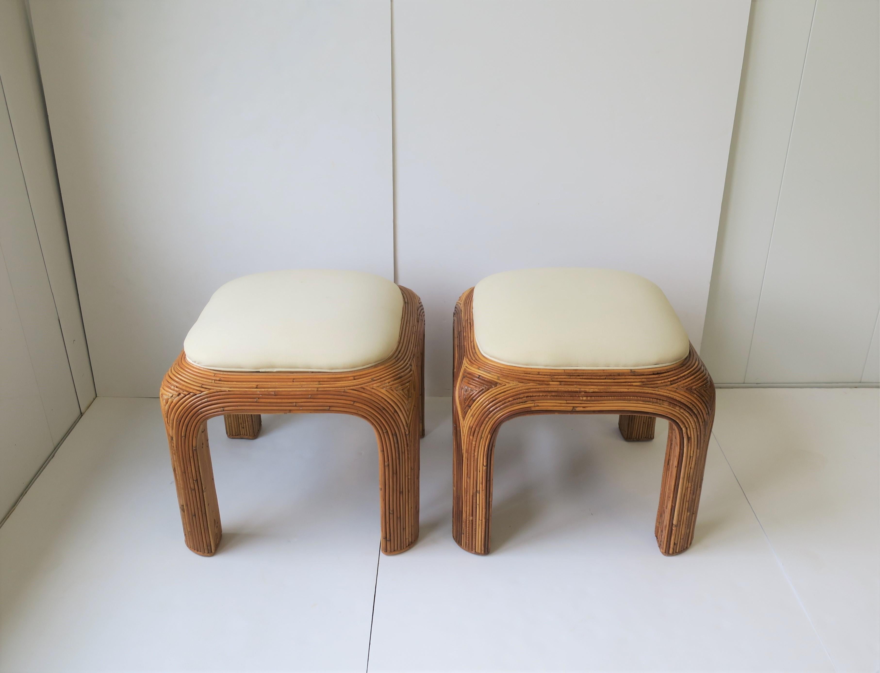Post-Modern Pair of Wicker Pencil Reed Upholstered Stools or Benches after Gabriella Crespi