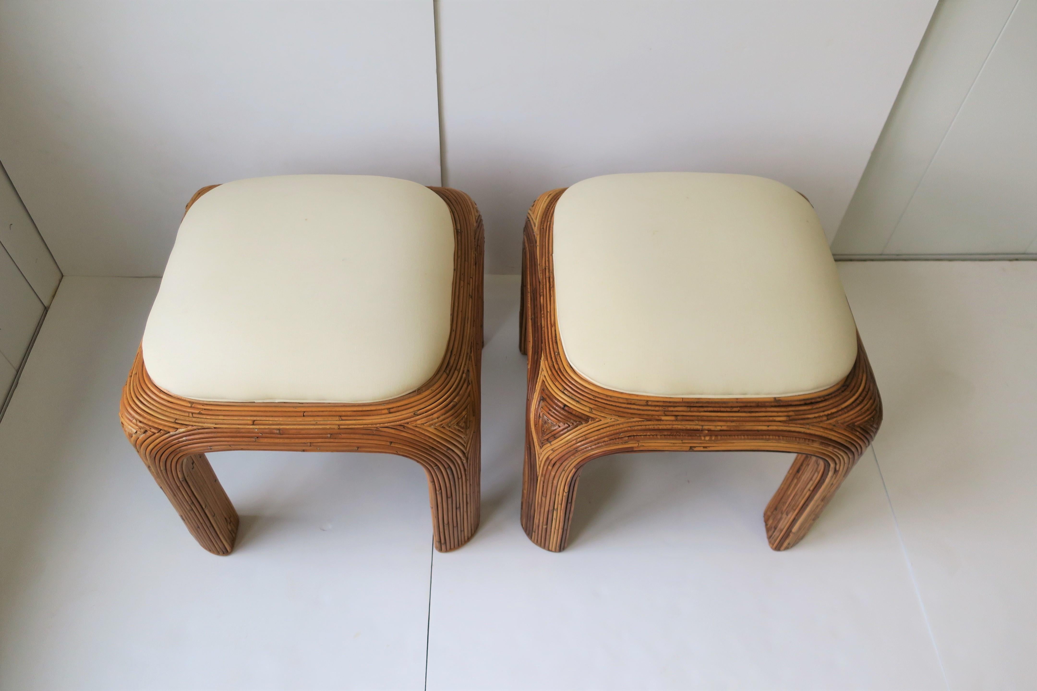 American Pair of Wicker Pencil Reed Upholstered Stools or Benches after Gabriella Crespi