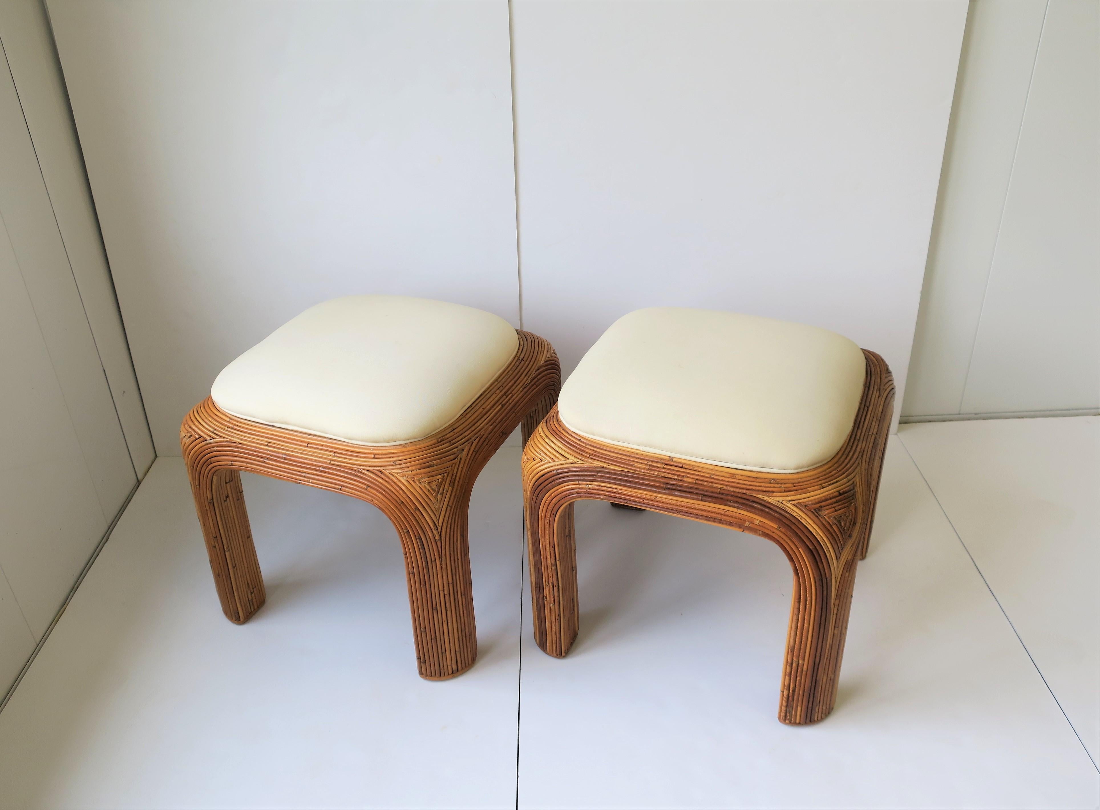 Pair of Wicker Pencil Reed Upholstered Stools or Benches after Gabriella Crespi In Good Condition In New York, NY
