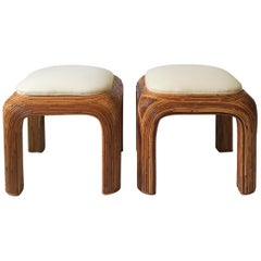 Pair of Wicker Pencil Reed Upholstered Stools or Benches after Gabriella Crespi