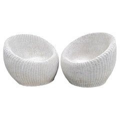 Pair Rattan Round Chairs / Pod Chairs - Style of Isamu Kenmochi, Circa 1960's