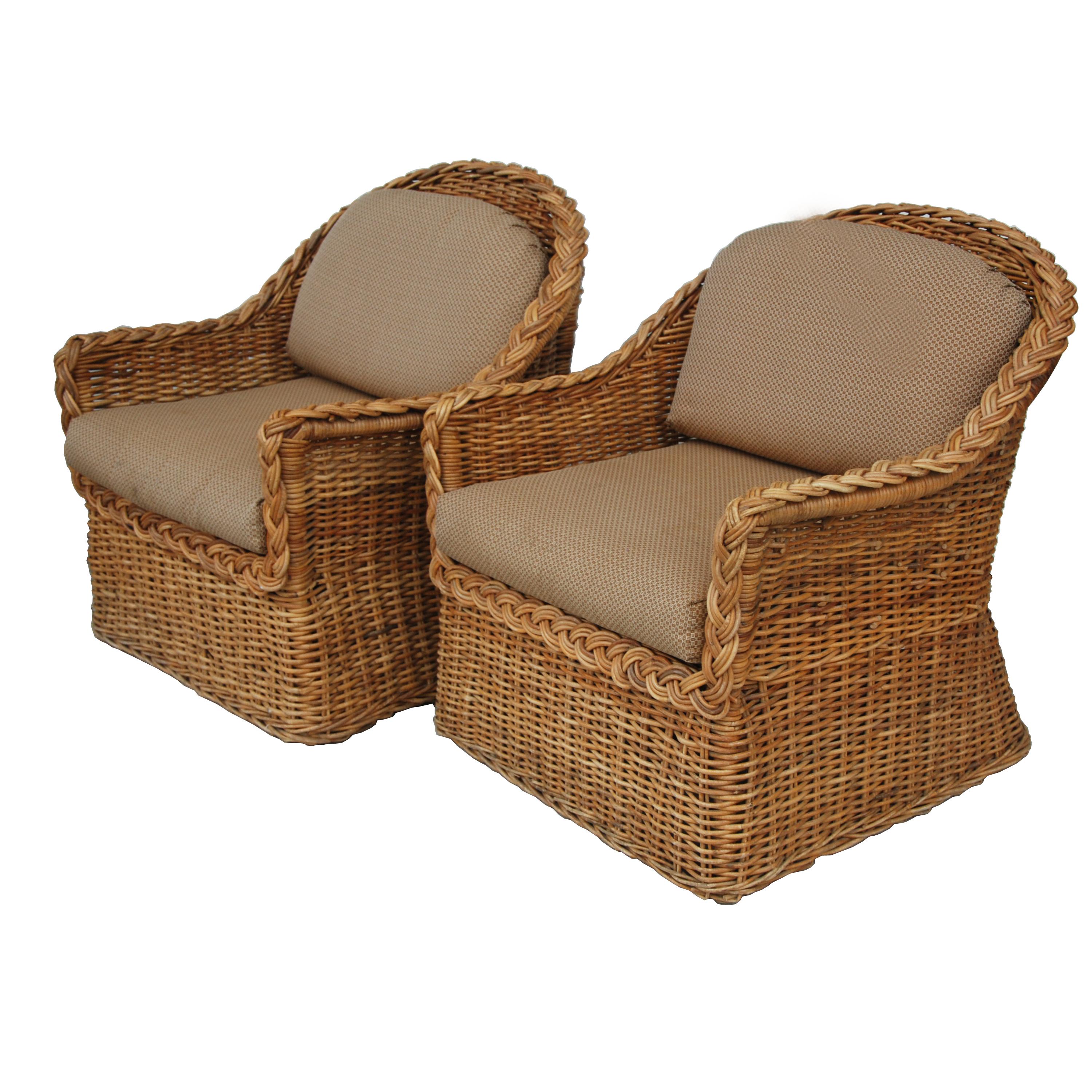 Pair of rattan lounge chairs
By The Wicker Works San Francisco, CA.

Italian woven and braided rattan barrel back lounge chairs from The Wicker Works of San Francisco, CA. Upholstered in the original cotton blend fabric.




Measure: Seat