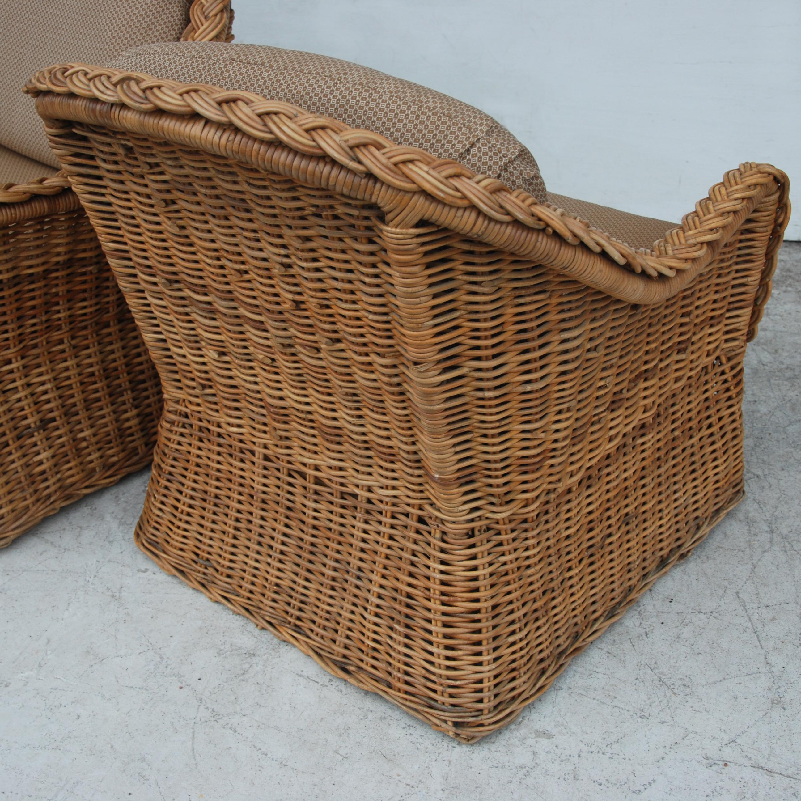 Modern Pair of Wicker Works Braided Rattan Lounge Chairs