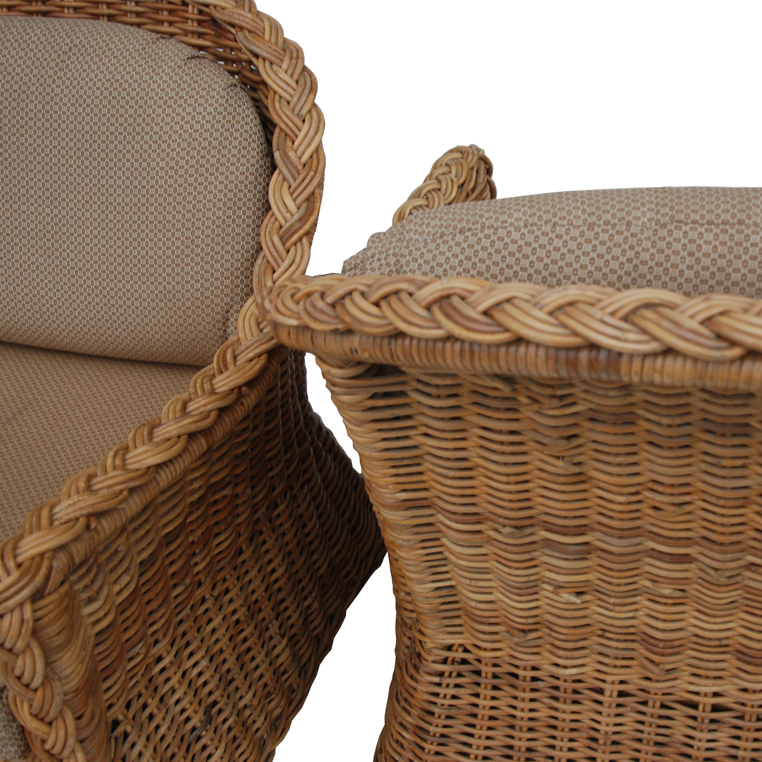North American Pair of Wicker Works Braided Rattan Lounge Chairs