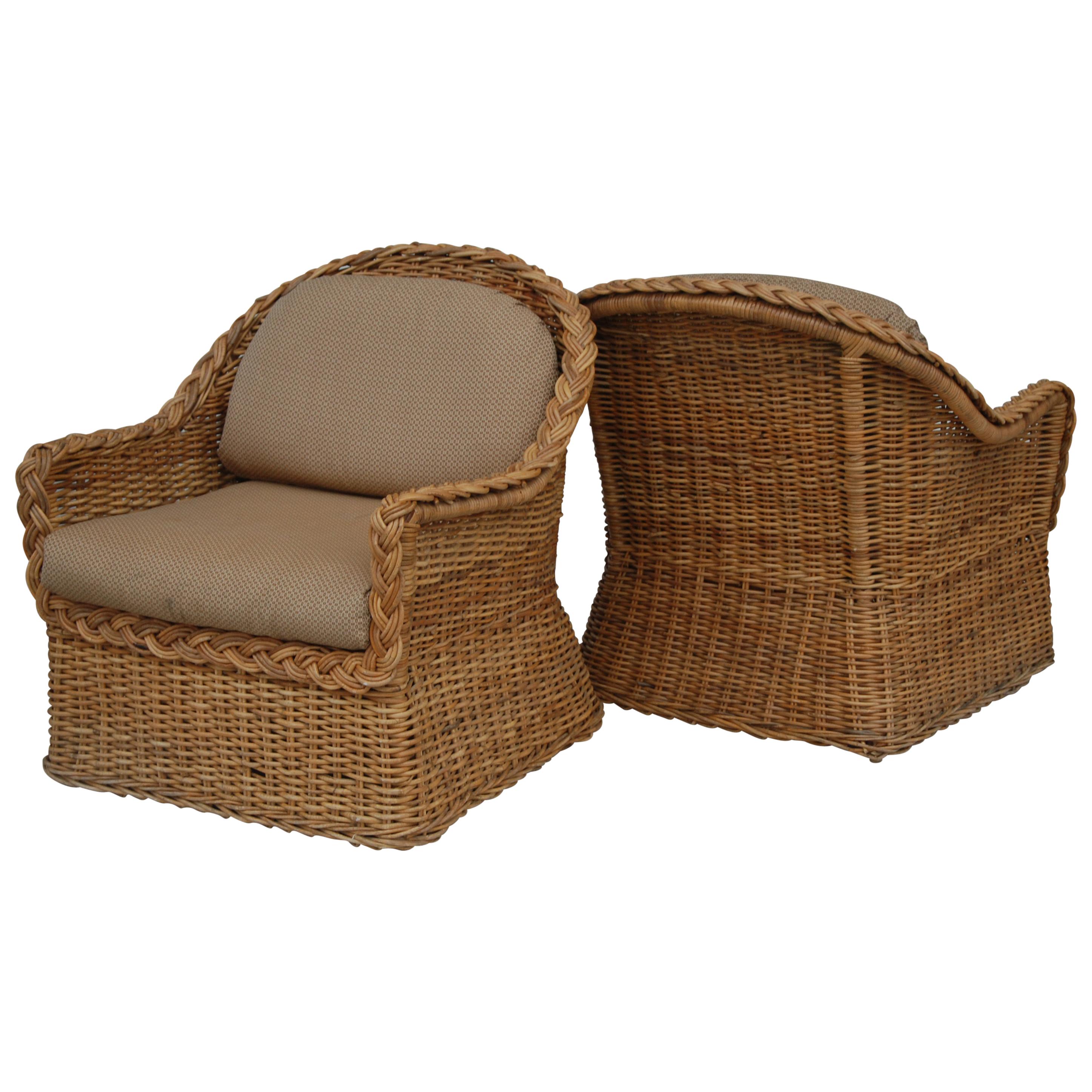 Pair of Wicker Works Braided Rattan Lounge Chairs