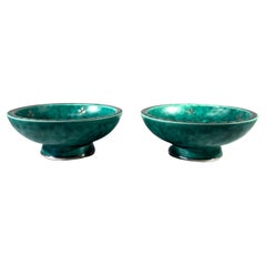 Pair Wilhelm Kage, Argenta, Applied Silver Small Footed Stoneware Dishes