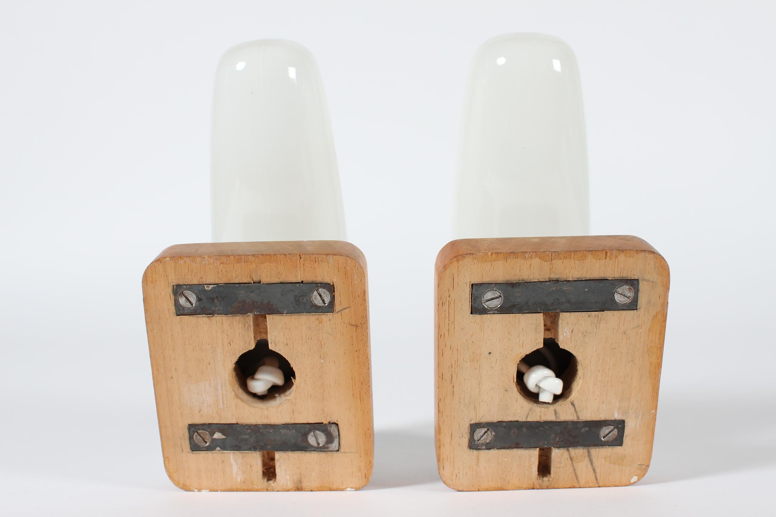 Ceramic Pair Wilhelm Wagenfeld Bauhaus Glass Sconces, White, Lindner Germany 1950s For Sale