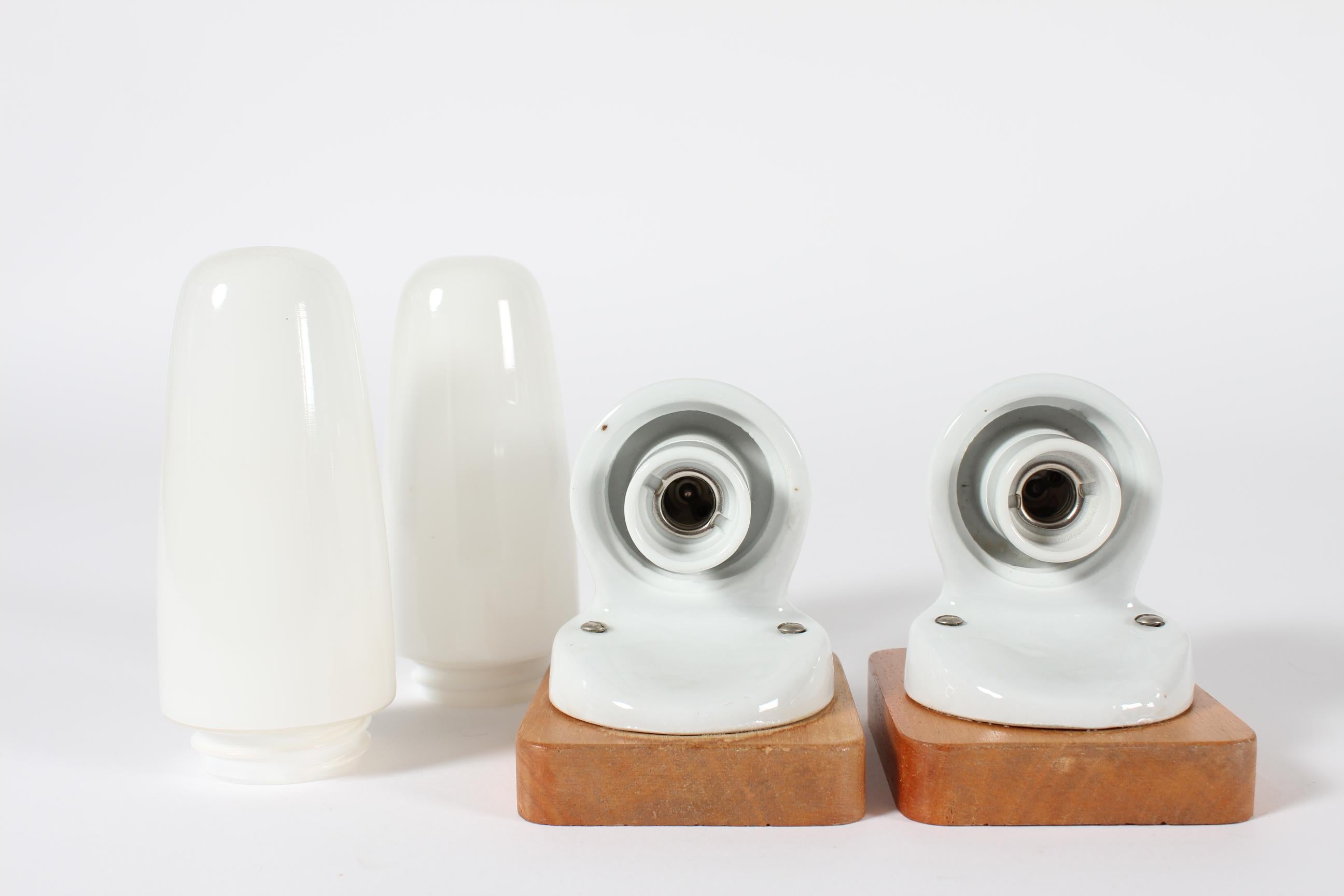 Pair Wilhelm Wagenfeld Bauhaus Glass Sconces, White, Lindner Germany 1950s For Sale 1