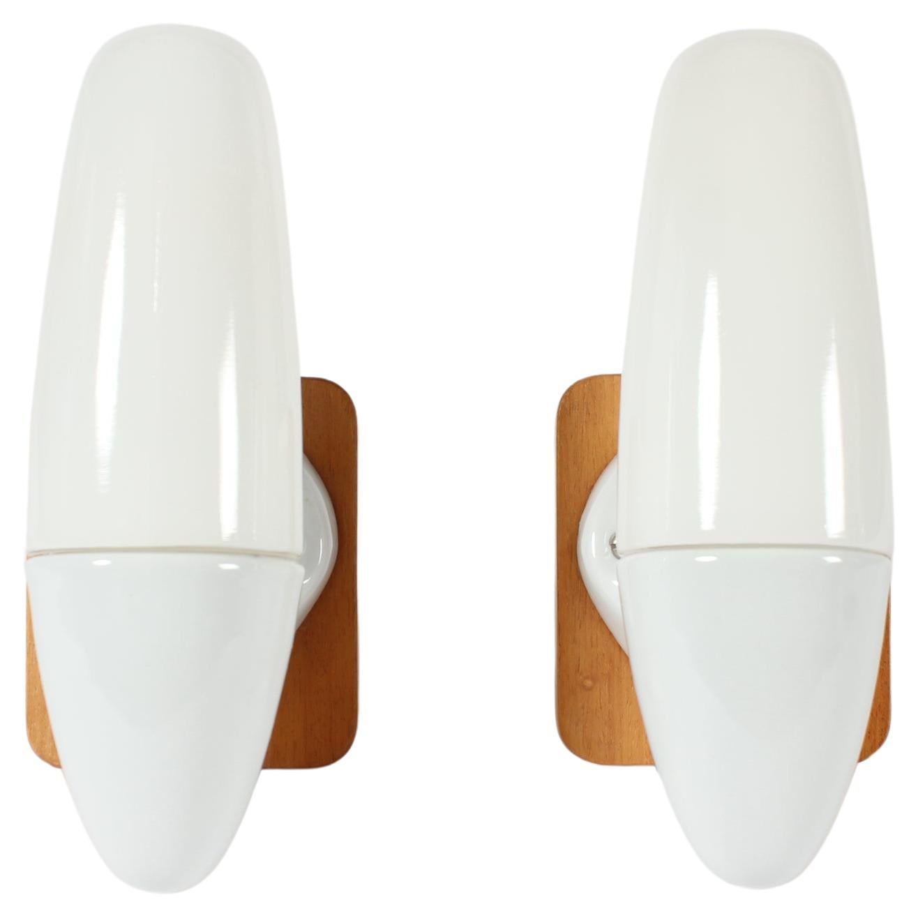 Pair Wilhelm Wagenfeld Bauhaus Glass Sconces, White, Lindner Germany 1950s