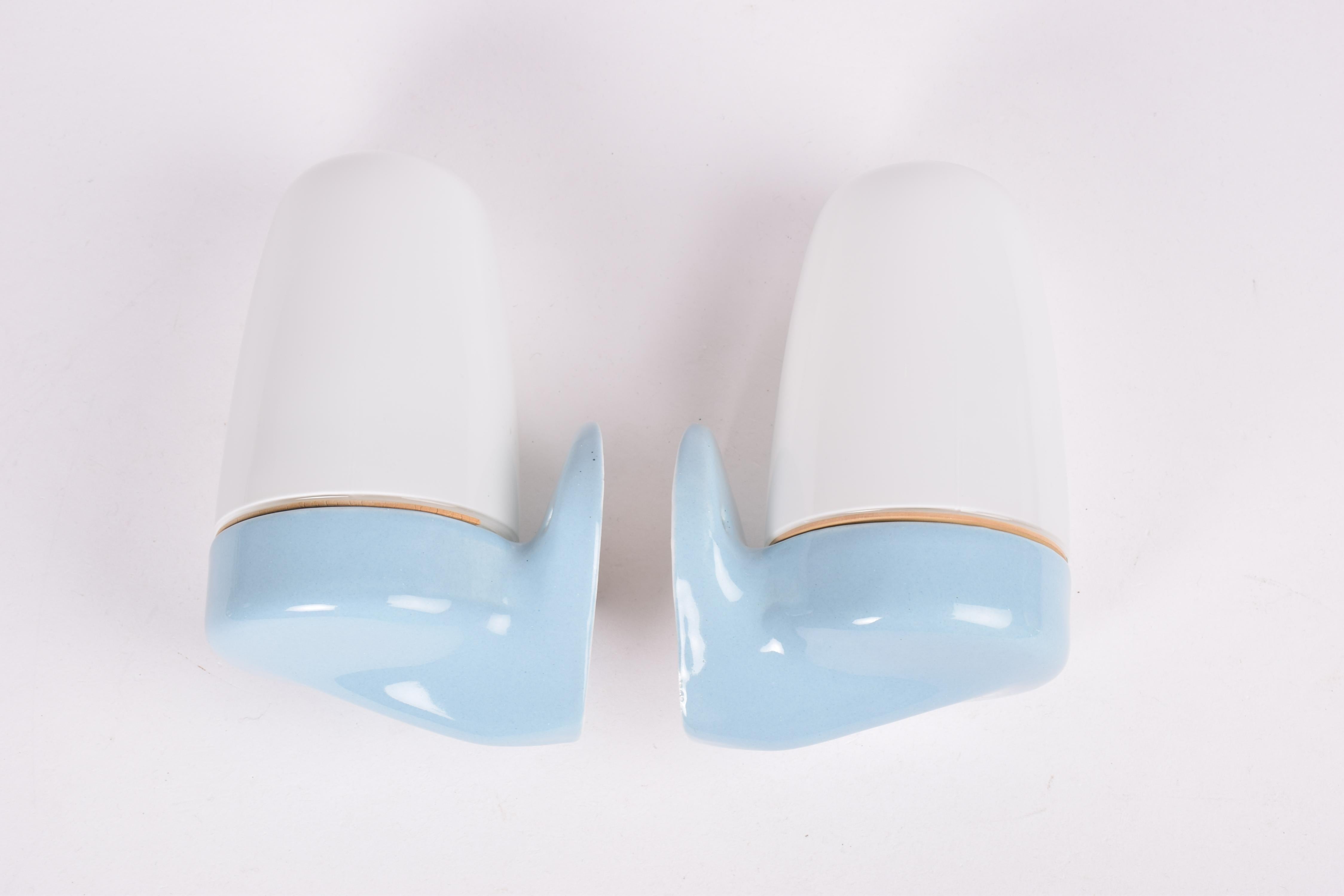 20th Century Pair Wilhelm Wagenfeld Bauhaus Glass Wall Lamp Sconce Blue Lindner Germany 1950s