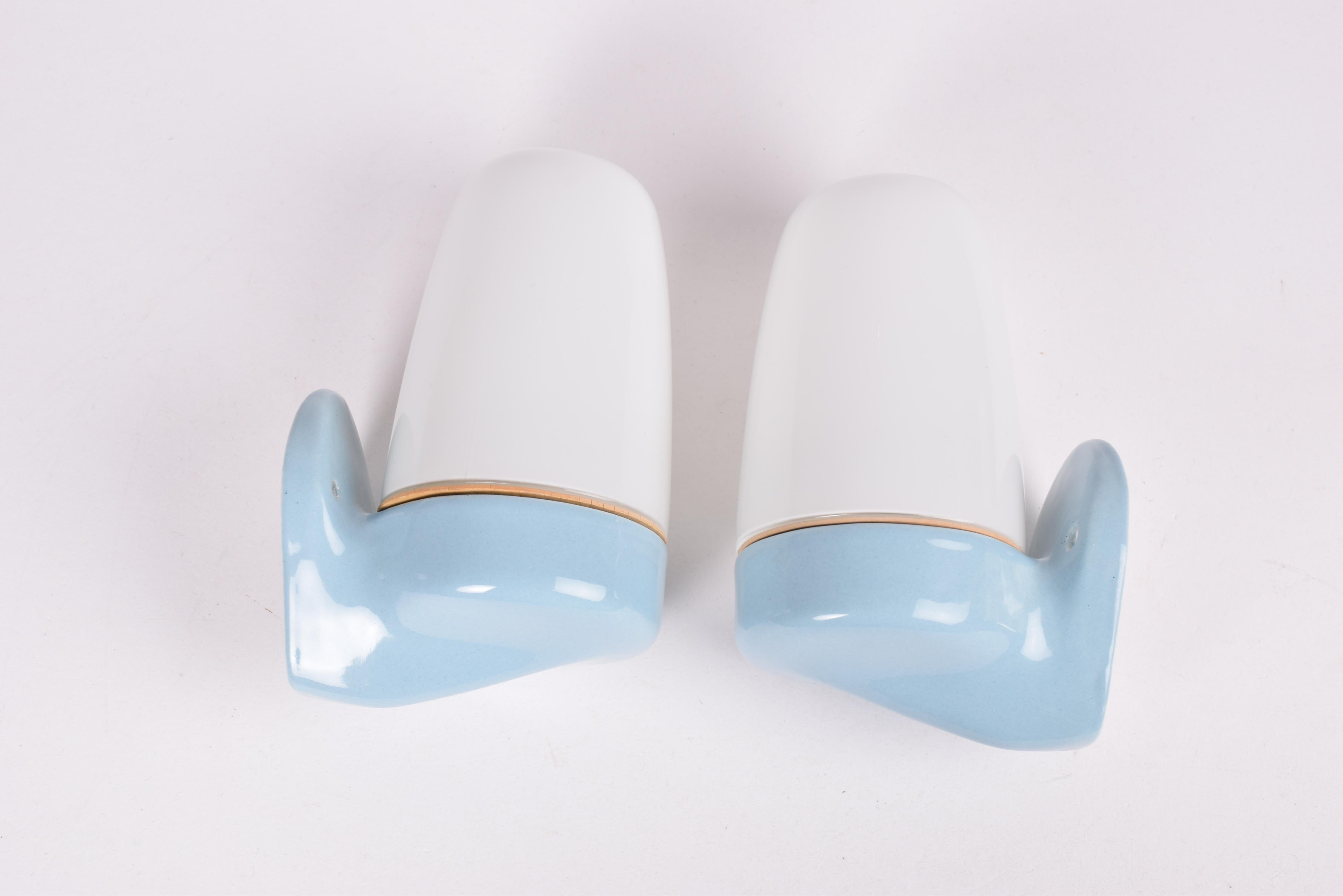 Ceramic Pair Wilhelm Wagenfeld Bauhaus Glass Wall Lamp Sconce Blue Lindner Germany 1950s